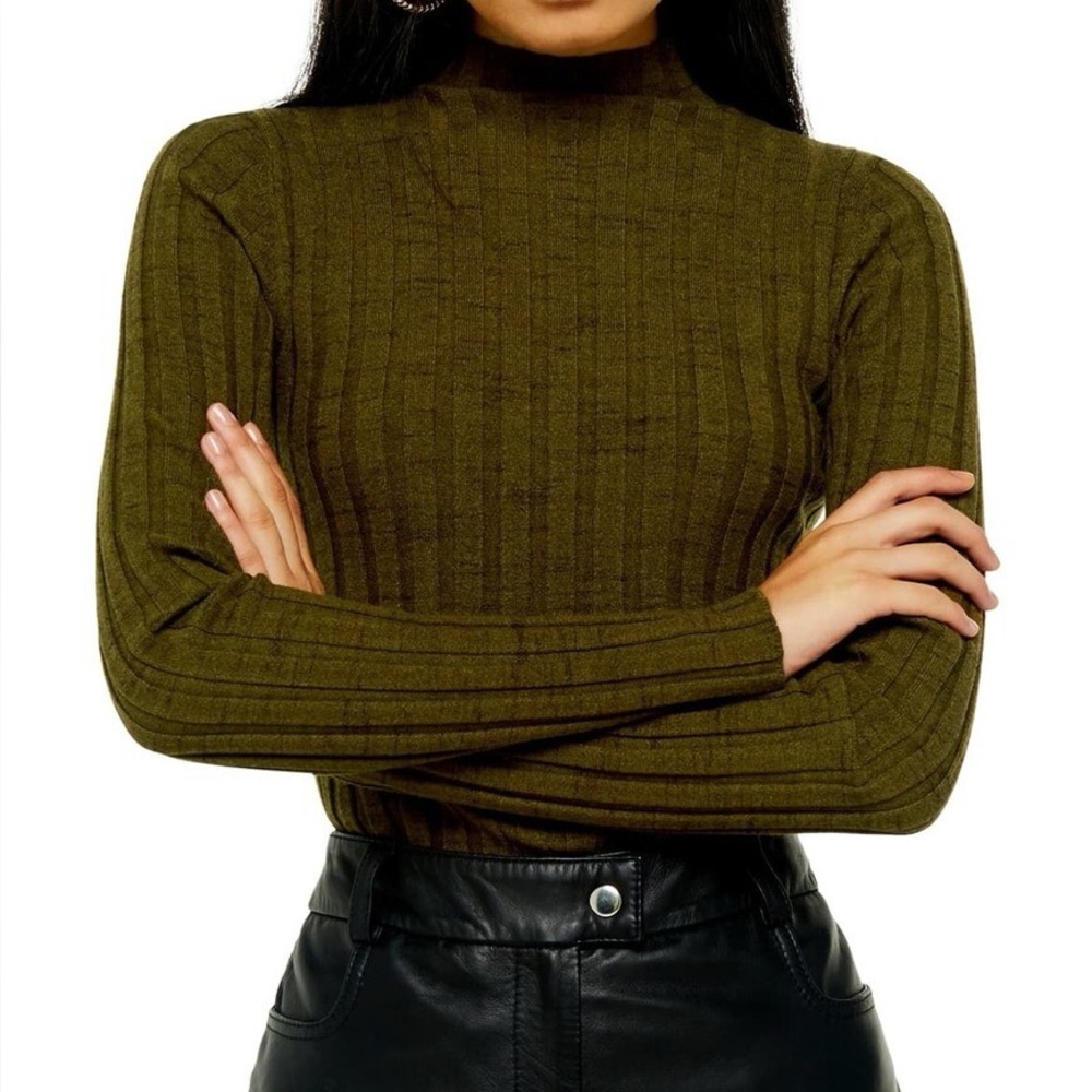 Topshop Olive Ribbed Long Sleeve Top